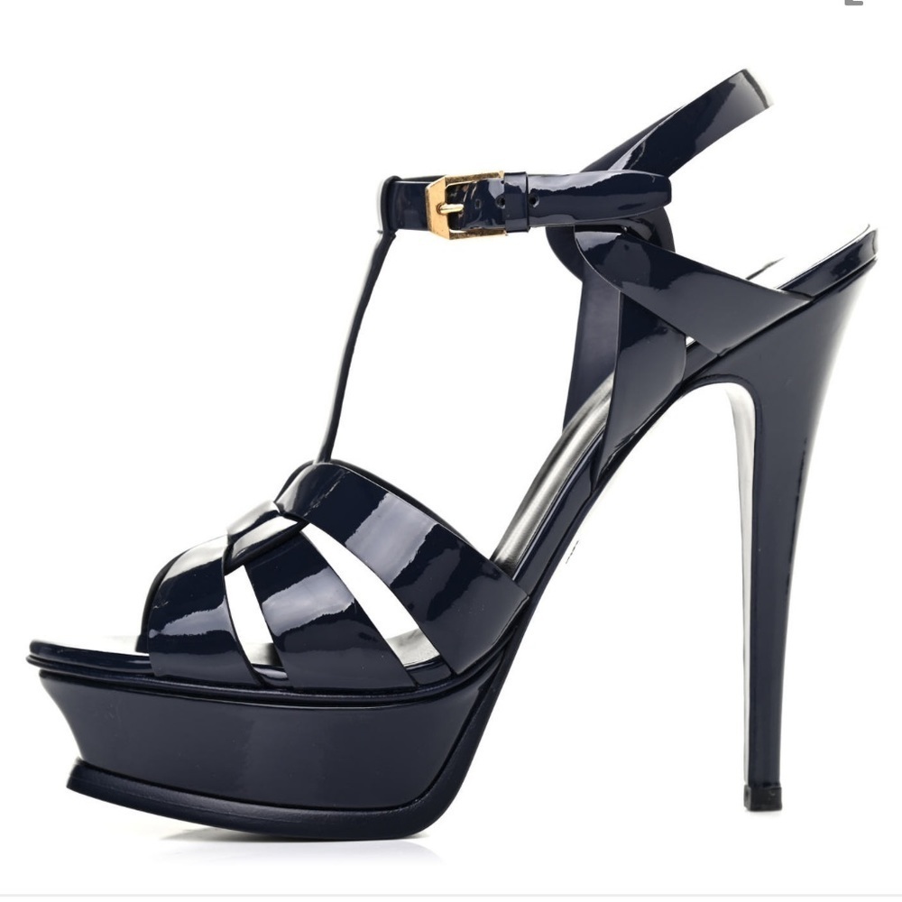 Saint Laurent Navy Tribute Platform In Patent Leather Sandals